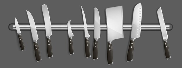 Soporte magnético con cuchillos de cocina, hachas de corte de chef, cubiertos de cocina, utensilios de cocina realistas. Cuchilla, francés, deshuesado y fileteado, tallando picadores de acero con mango negro ilustración vectorial 3d