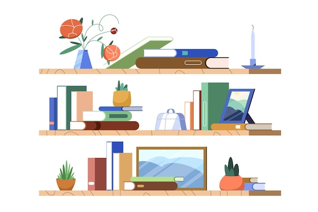 Vector gratuito soporte de plantas y libros de colores planos en estantería