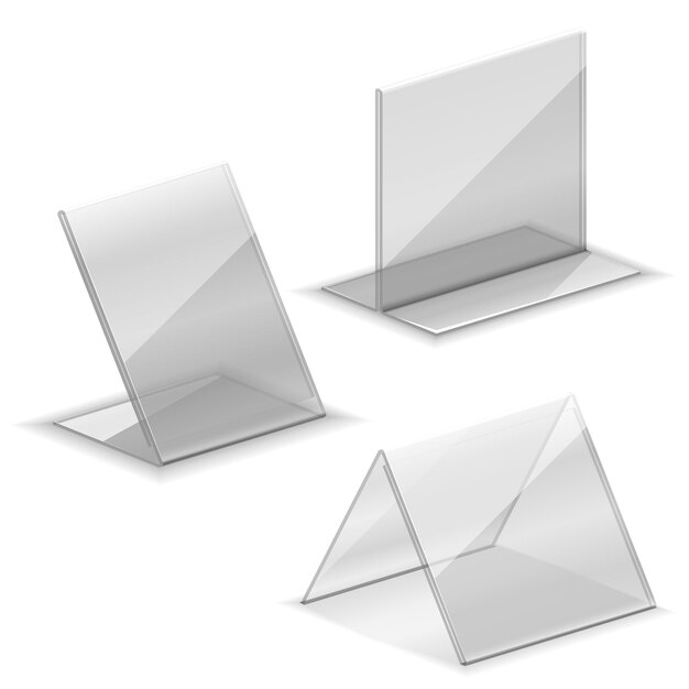 Soporte de plástico acrílico vacío para tarjetas de visita. Soporte para soporte de tarjeta de presentación en la ilustración de la mesa