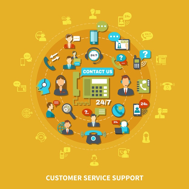 Soporte de servicio al cliente composición redonda sobre fondo amarillo