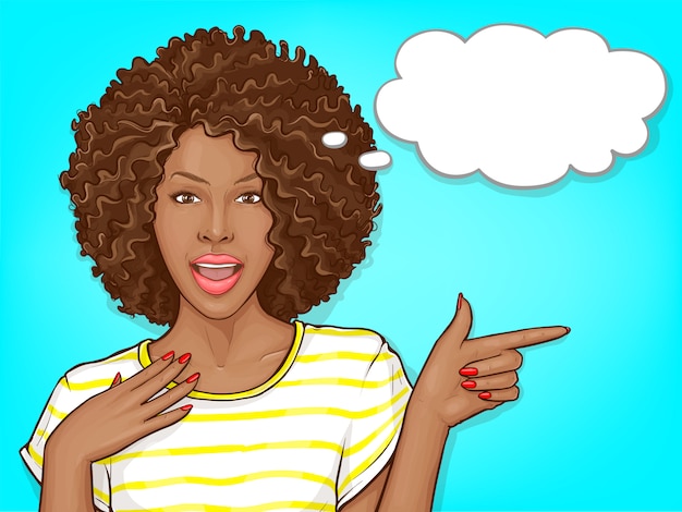 Vector gratuito sorprendida mujer afroamericana con cabello afro y boca abierta ilustración de dibujos animados