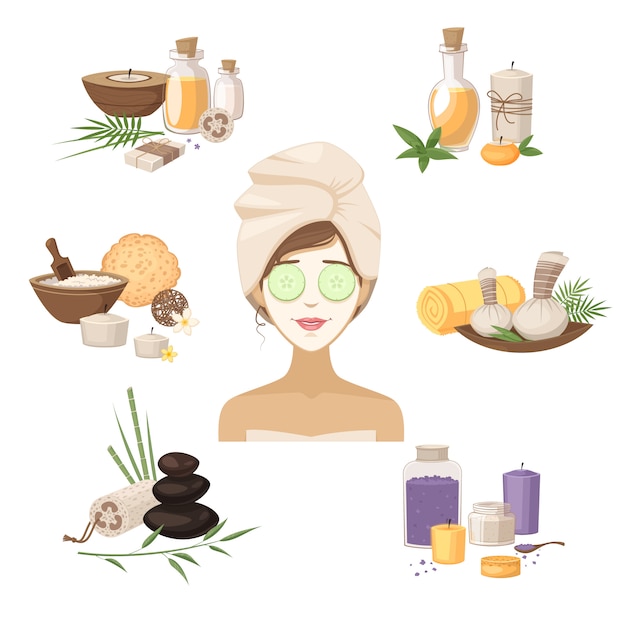 Spa elementos de belleza con mascarillas de mujer aceites y cremas aislados ilustración vectorial