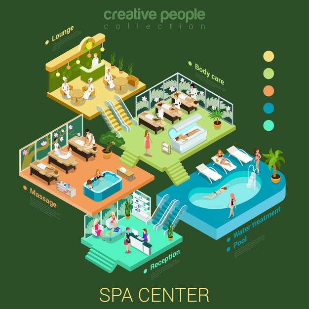Spa salón centro interior creativo concepto isométrico ilustración vectorial.