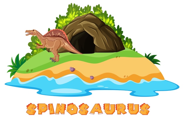 Spinosaurus de pie junto a la cueva