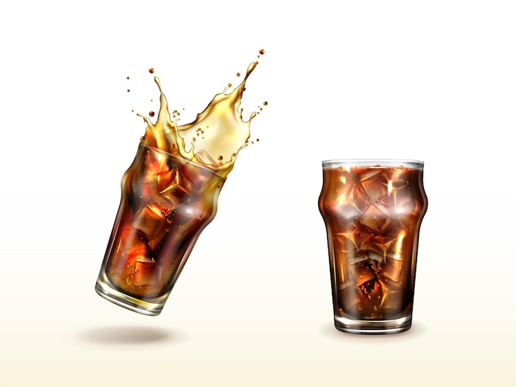 Vector gratuito splash cola soda té frío o café con cubitos de hielo