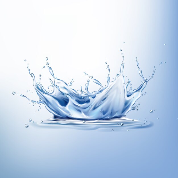 Splash en la superficie del agua 3d realista. Corona líquida azul, movimiento congelado con gotas y onda.