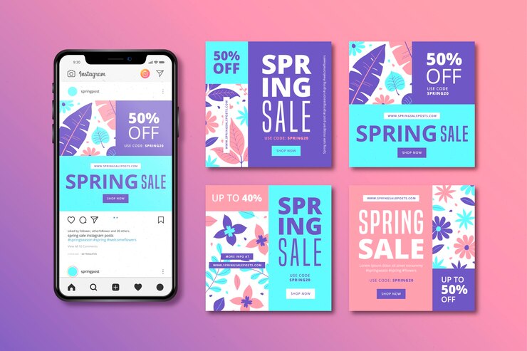 Vector gratuito spring sale instagram post con teléfono móvil