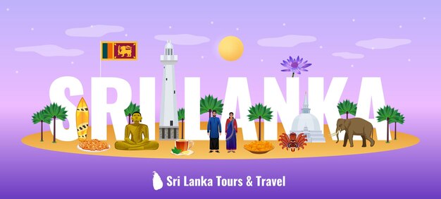 Sri lanka letras grandes título encabezado banner de fondo degradado horizontal con atracciones turísticas comida nacional
