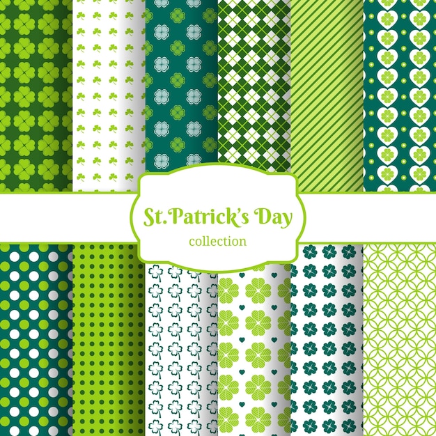 St Patricks day seamless pattern background set con hojas verdes de trébol