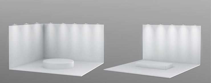 Vector gratuito stand de cabina con plataforma y reflectores en maqueta 3d