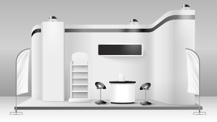 Vector gratuito stand de exposición creativa blanco con banderas en blanco y estantes vacíos ilustración vectorial realista