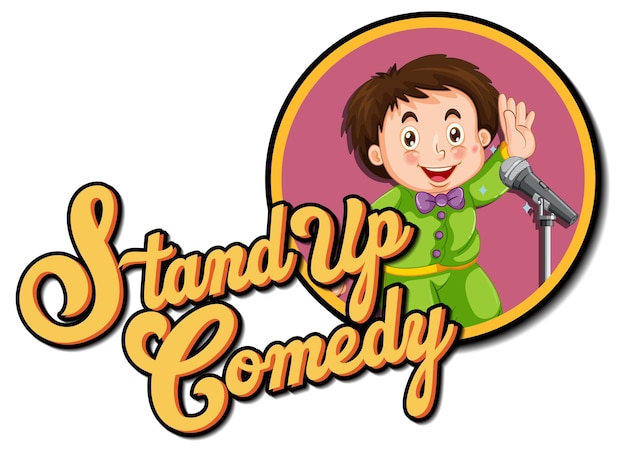 Vector gratuito stand up comedy diseño de logotipo con personaje de dibujos animados de niño