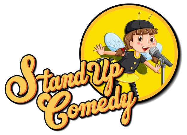 Vector gratuito stand up comedy logo design con personaje de dibujos animados de niña