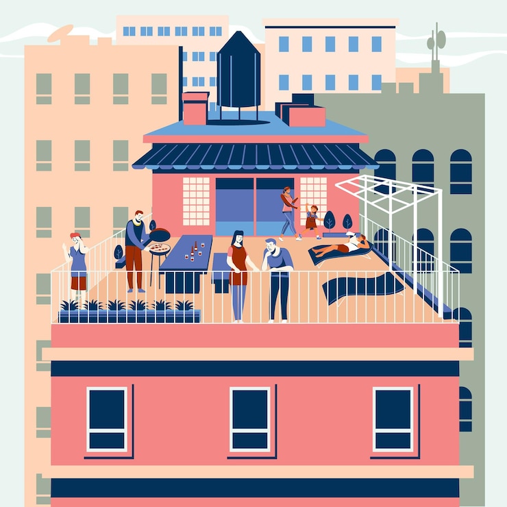 Vector gratuito staycation en una terraza en la azotea cocnept