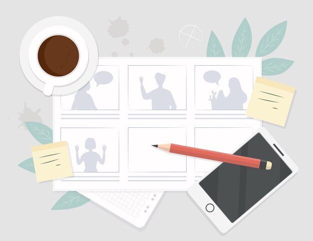Storyboard con café y teléfono inteligente.