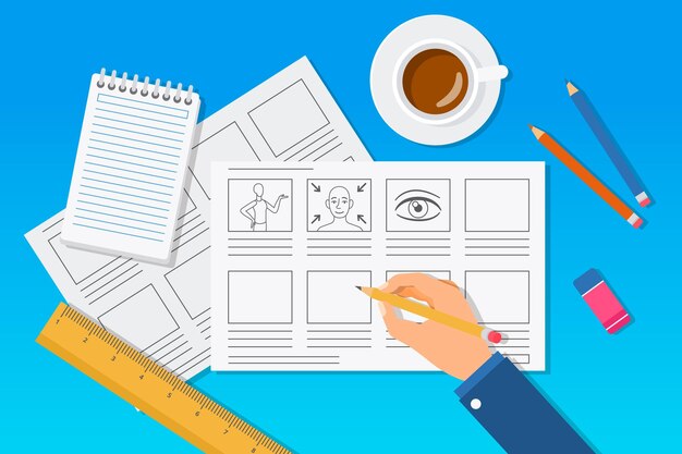 Storyboard dibujado con taza de café.