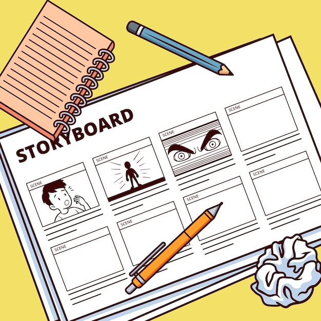 Storyboard con dibujo y cuaderno.