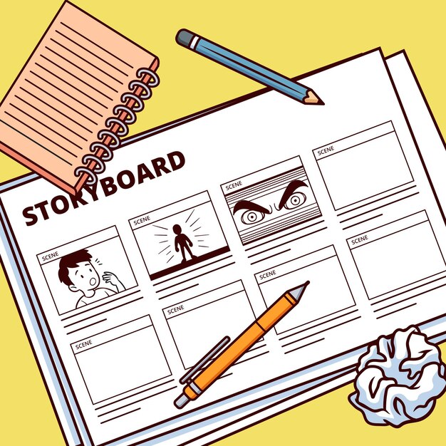 Storyboard con dibujo y cuaderno.