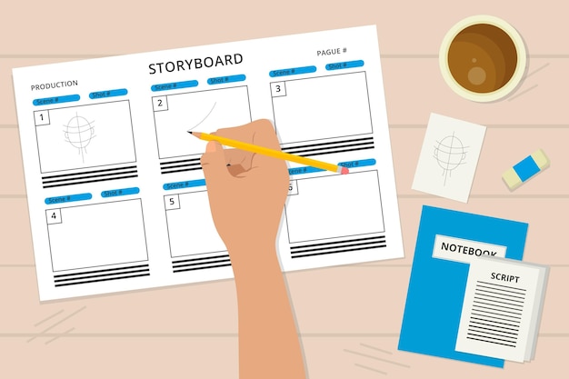 Storyboard y taza de café.