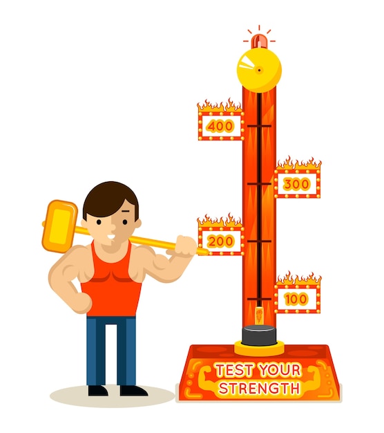 Vector gratuito strongman y prueba tu juego de fuerza. martillo y hombre, atlético musculoso,