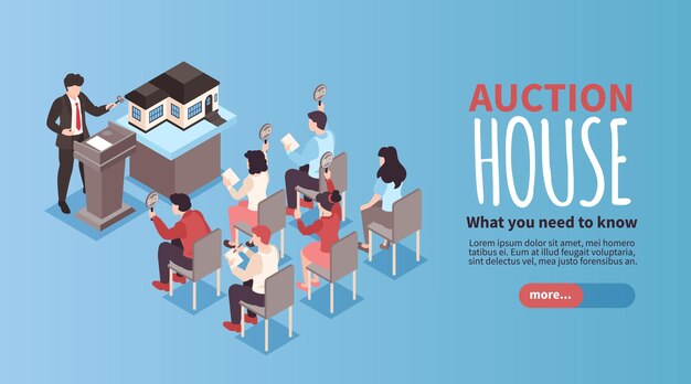 Subasta banner horizontal con competencia y símbolos de la casa ilustración vectorial isométrica