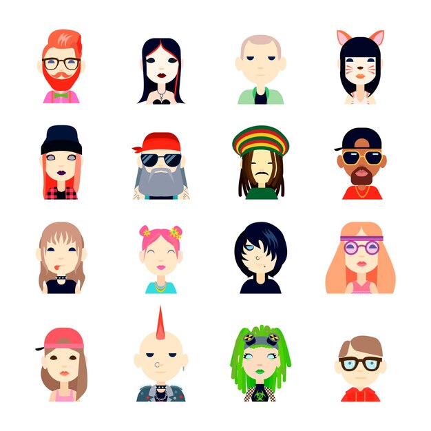 Subcultivos y avatar de personas con hippie e ilustración vectorial plana aislada de hipster