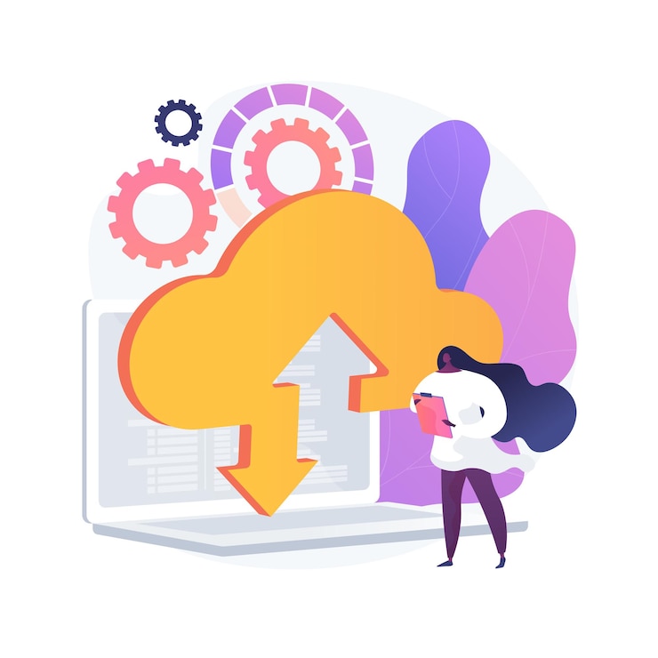 Vector gratuito subiendo al almacenamiento en la nube. acceso inalámbrico a la información. servicio online, hosting global, espacio virtual. escritorio disponible y seguro. ilustración de metáfora de concepto aislado de vector.