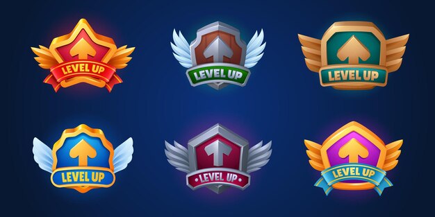 Subir de nivel premio ui juego insignia icono vector medalla conjunto Diseño de recompensa de trofeo de oro para logros de casino con cinta y flecha Etiqueta de interfaz de interfaz gráfica de usuario de aplicación Arcade con ilustración de dibujos animados emergente de escudo
