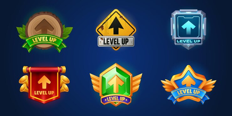 Vector gratuito subir de nivel ui insignia icono vector recompensa botón diseño medalla de premio para bono de casino hud futurista grunge y signo de interfaz de logro real con flecha para aplicación ilustración de etiqueta de victoria dorada