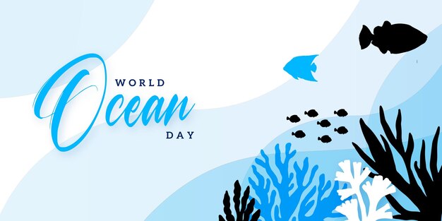 Submarino Día mundial del océano Ilustración Fondo Vector Banner Tema azul Vida marina Vector libre