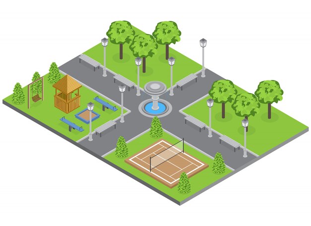 Suburbia park con arboles césped y polideportivo isometrico