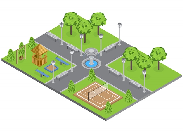Suburbia park con arboles césped y polideportivo isometrico