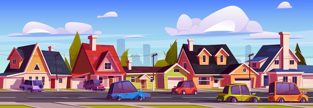 Vector gratuito suburbio calle con casas y conducción de automóviles vector