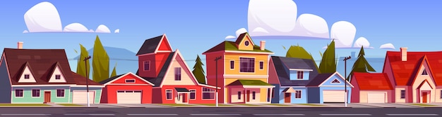Vector gratuito suburbio de casas, calle suburbana con cabañas.