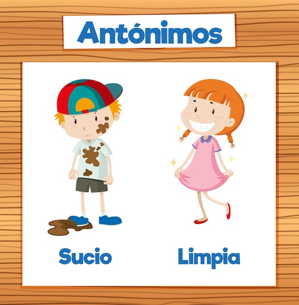 Vector gratuito sucio y limpia antónimo de la palabra tarjeta en español significa sucio y limpio