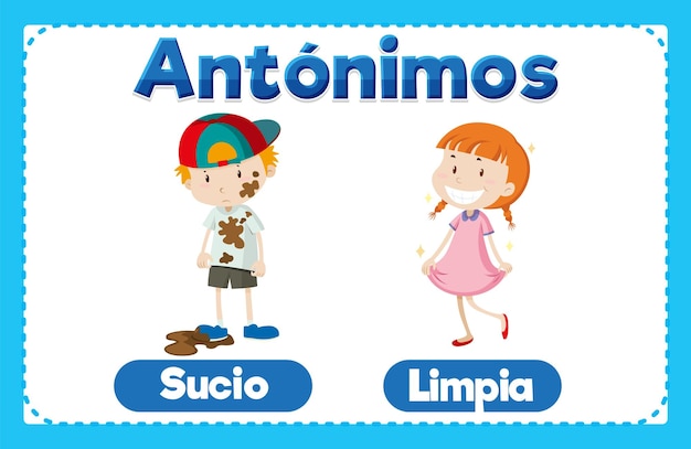 Sucio y Limpia Una tarjeta de palabras en español en ilustración vectorial