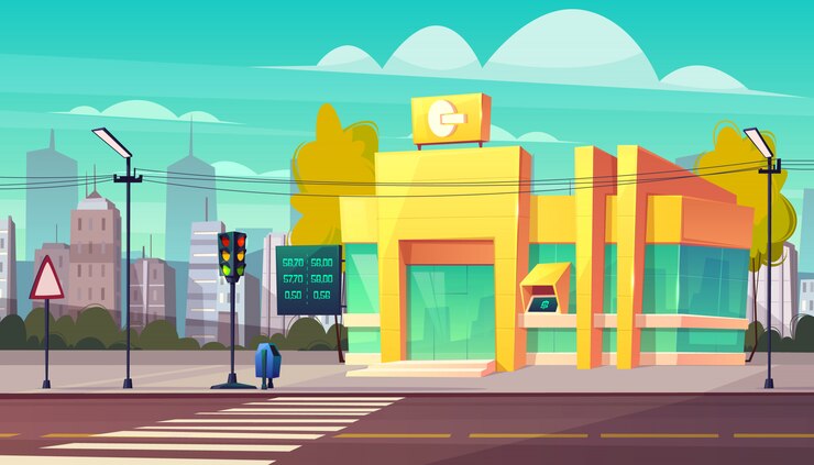 Vector gratuito sucursal bancaria moderna con indicador de tipos de cambio de moneda y cajero automático en vector de dibujos animados de entrada.