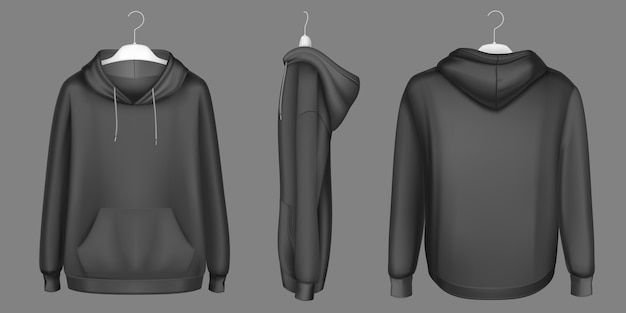 Sudadera con capucha, sudadera negra en la percha simulada en la vista frontal, lateral y posterior. Sudadera con capucha aislada de manga larga, bolsillo canguro y cordones. Deportes, ropa urbana informal, plantilla 3d realista