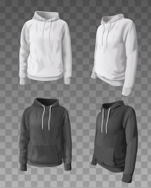 Sudaderas con capucha realistas y maqueta de sudadera con capucha en colores blanco y negro sobre fondo transparente ilustración vectorial aislada