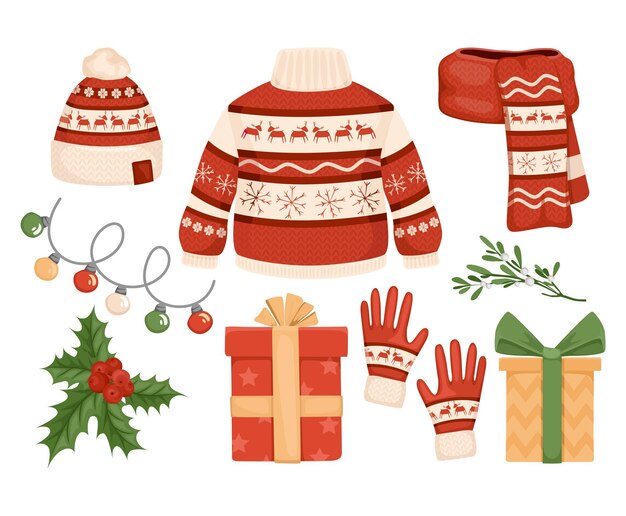 Suéteres navideños hechos a mano con íconos aislados de decoraciones festivas de año nuevo y artículos de ropa artesanal ilustración vectorial