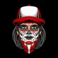 Vector gratuito sugarskull mujeres con vector de sombrero rojo