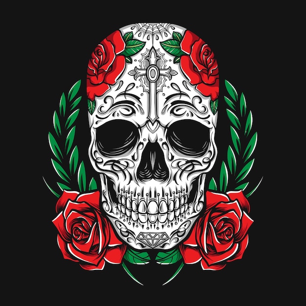 Vector gratuito sugarskull con rosas y adornos florales