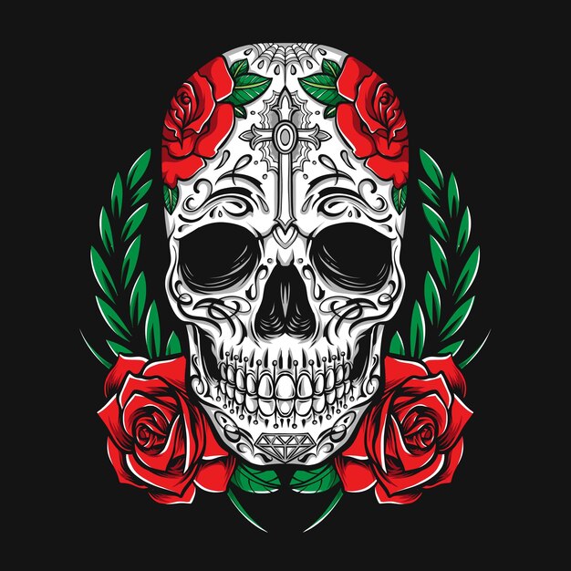 Sugarskull con rosas y adornos florales