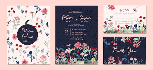 Suite de invitación de boda con acuarela de jardín floral salvaje Vector Premium 