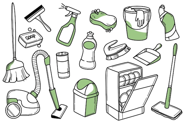 Suministros de limpieza doodle iconos