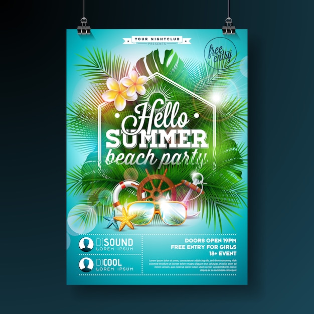 Vector gratuito summer beach party flyer design con flores y gafas de sol sobre fondo azul