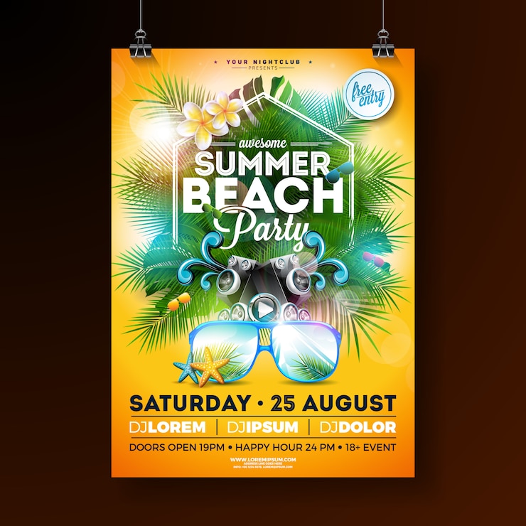 Vector gratuito summer beach party flyer design con flores y gafas de sol.