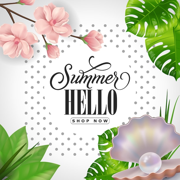 Vector gratuito summer hello compre ahora letras. inscripción caligráfica con hojas tropicales