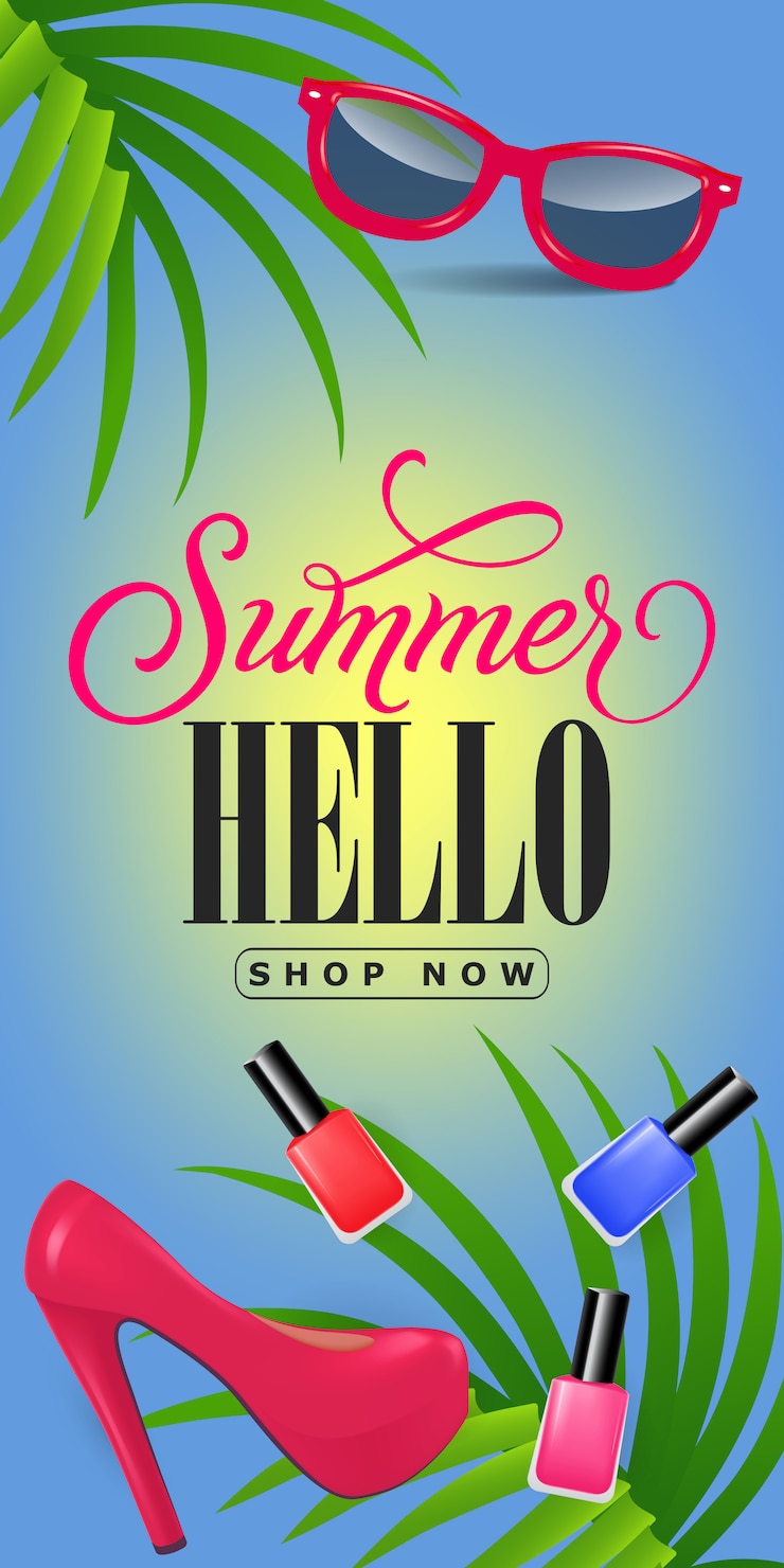 Vector gratuito summer hello compre ahora letras. inscripción de vacaciones con hojas tropicales, zapato rosa