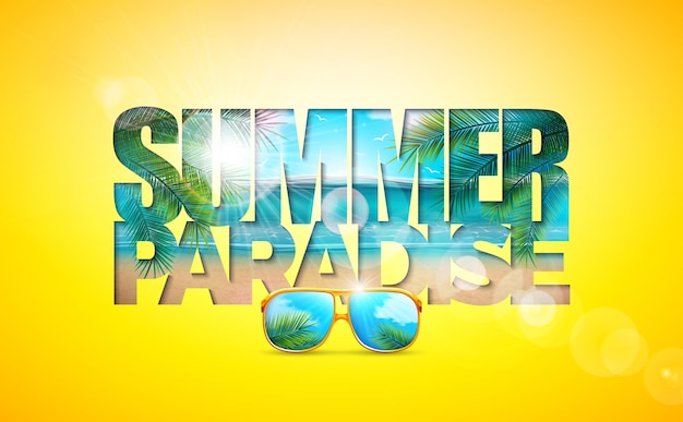 Summer Paradise Holiday Ilustración con gafas de sol Plantas tropicales y paisaje oceánico